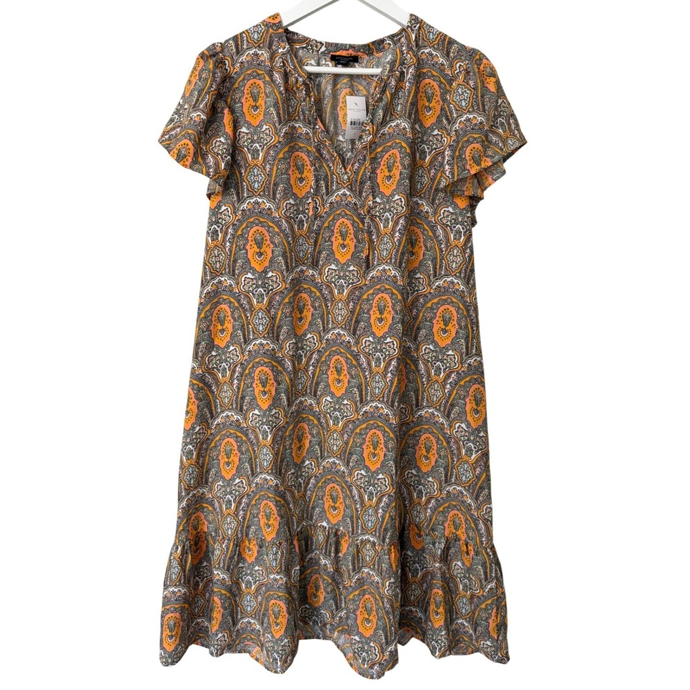 Ann Taylor Factory Orange Paisley Flutter Sleeve Ruffle Hem Shift Dress Lg NWT